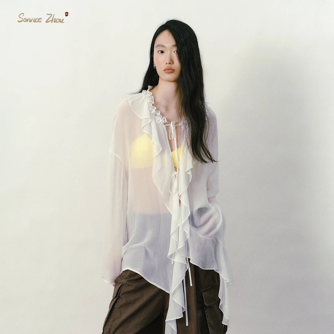 sennos zhou雨露麻双层领系带上衣C58022