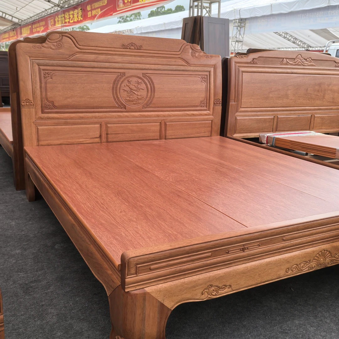 榫卯结构主卧复古古典家用雕刻实木床新中式婚床大床成套茶几