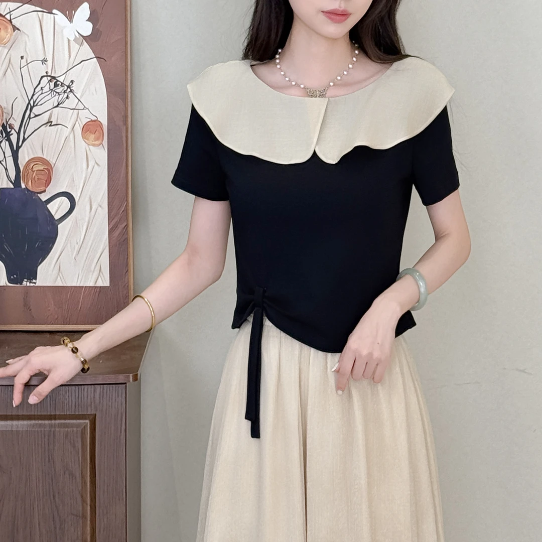 夏季一字肩娃娃领荷叶边显瘦法式洋气减龄款漂亮短袖上衣