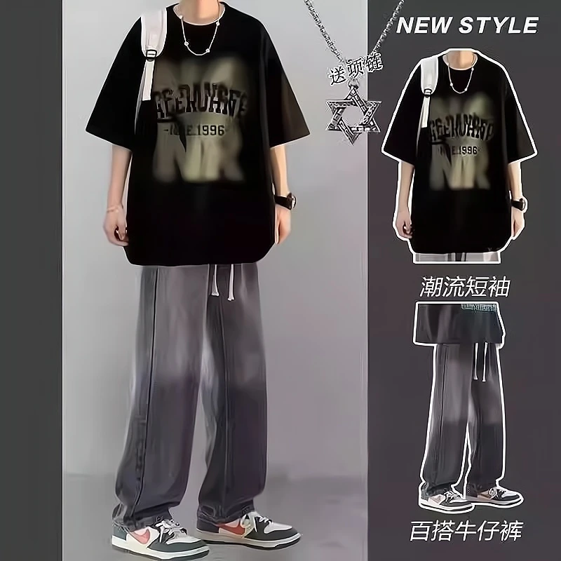 美式嘻哈短袖夏季t恤套装男生ins潮牌痞帅穿搭休闲潮流男装一整套