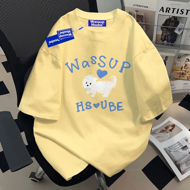 WASSUP HSUBE奶黄色ins休闲百搭短袖T恤男女青少年上衣体恤情侣装
