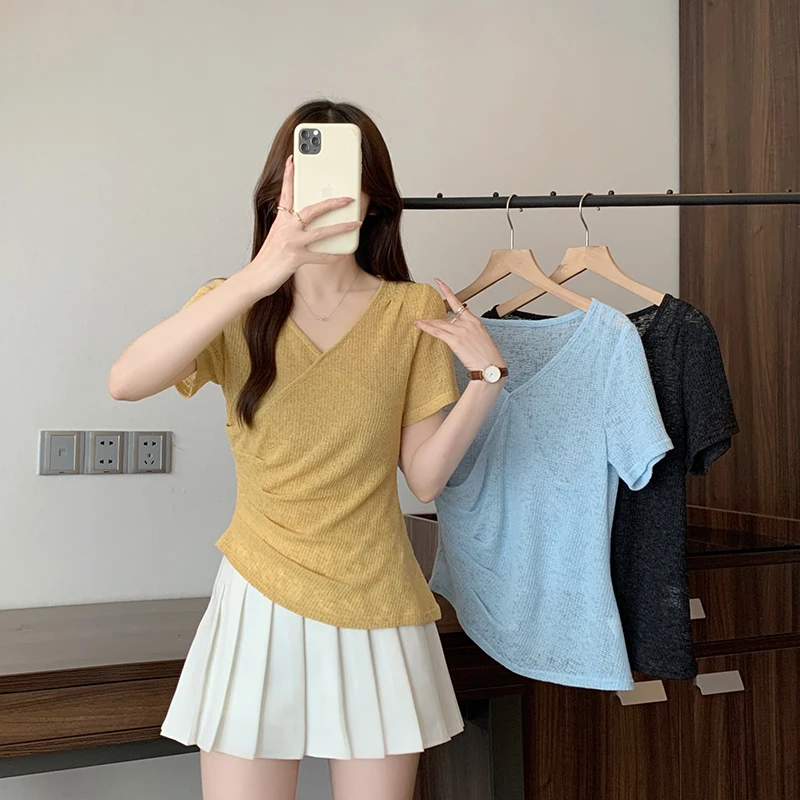 2025夏装新款胖mm大码女甜辣妹v领不规则收腰轻薄短袖体恤 A1526