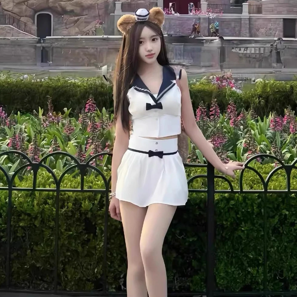 韩系学院风套装甜辣妹海军领蝴蝶结无袖衬衫上衣百褶裙两件套