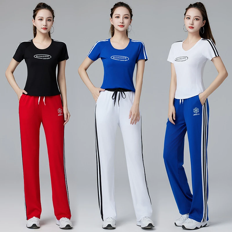 减肥跳舞健身衣夏季运动套装显瘦短袖T恤女士跑步跳操广场舞服装