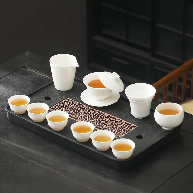 纯白悬停盖碗德化陶瓷功夫茶具套装高端全套办公室家用茶盘一整套