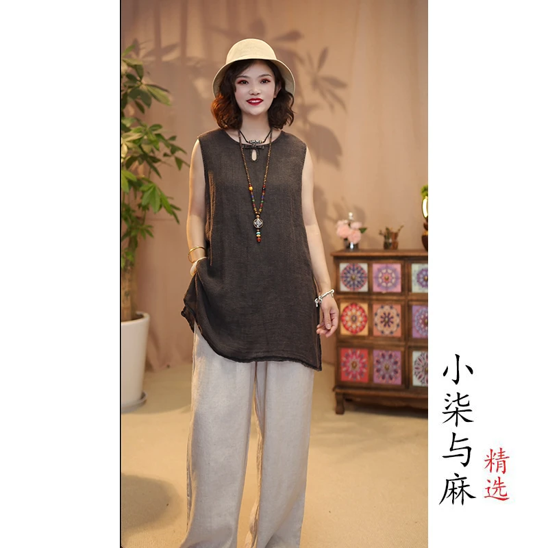 【小柒与麻】三粒扣稀疏亚麻无袖背心（衣长75胸围118）