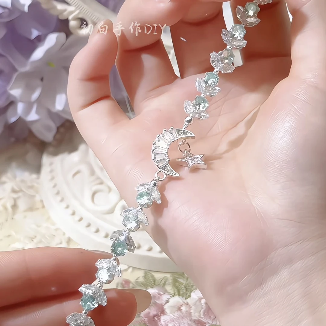 [初白】月牙弯弯手链材料18K镀真金锆高保手工diy串珠饰品整套配件