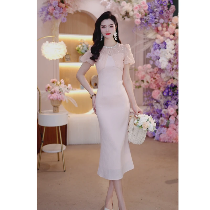 2025夏季时尚修身设计师镶钻名媛气质网纱法式短袖连衣裙6186