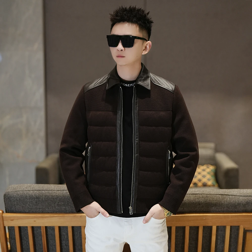 【澳洲羊毛针织羽绒夹克】男士皮领老钱风冬季修身轻薄百搭保暖外套