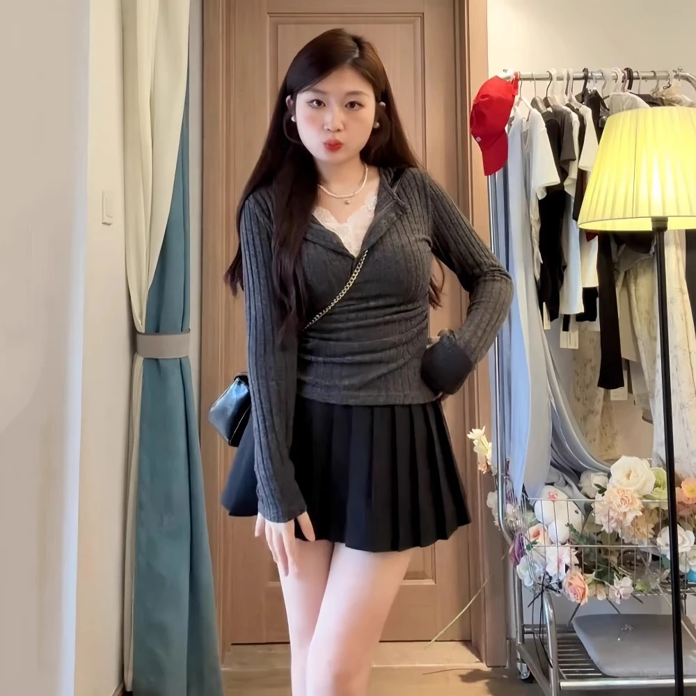 大码甜辣妹蕾丝假两件T恤针织衫女2025胖mm收腰修身显瘦长袖上衣