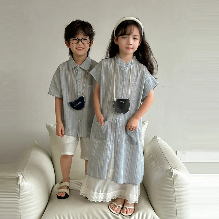 韩国高端童装2025夏季新款男女童兄妹套装条纹短袖衬衫洋气连衣裙