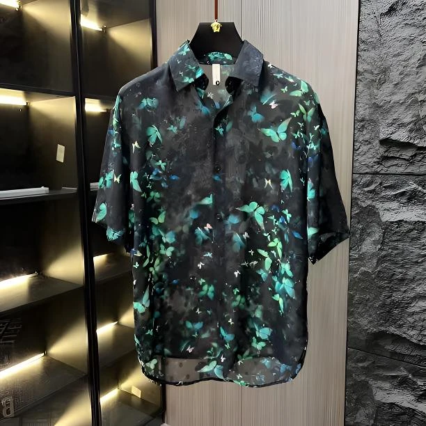 夏季新款超薄凉感短袖衬衫男士宽松休闲提花透气翻领男生短袖t恤