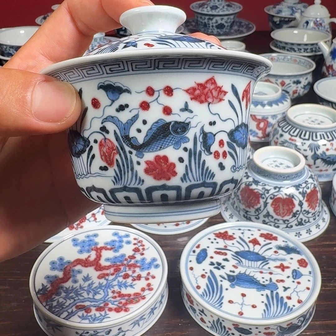 摆件柴窑青花釉里红鱼藻