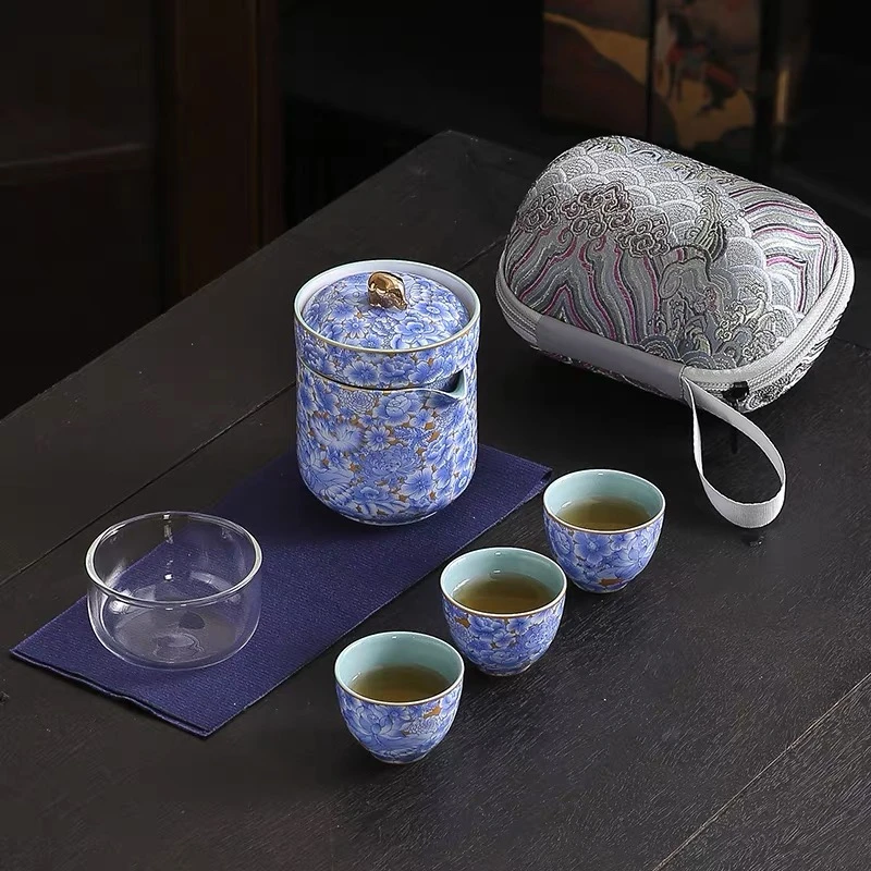 寻也造物 青花 高档珐琅彩 旅行茶具 一壶三杯  k0038