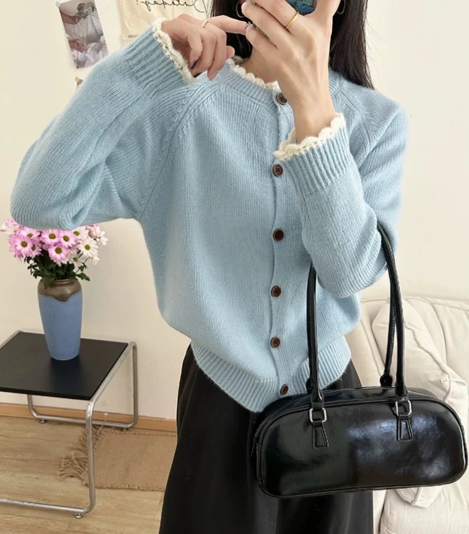 韩系甜美针织开衫短款开衫女百搭秋冬毛针织衫圆领