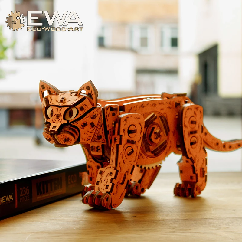 EWA小猫拼装积木可动模型益智拼图玩具男女孩手工礼物潮玩摆件