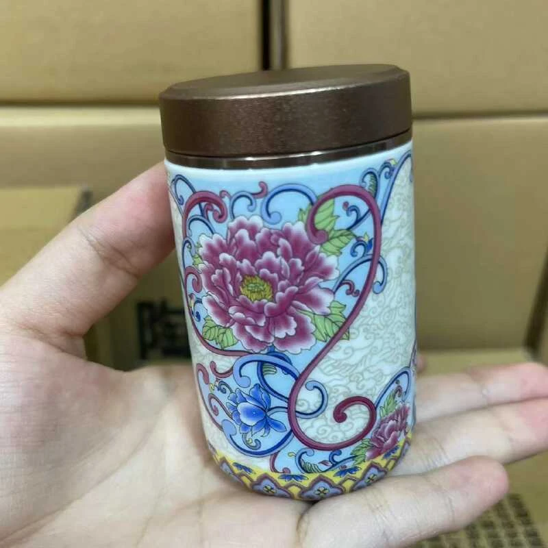 贴花珐琅彩粉彩便携式小号茶叶罐中式2269