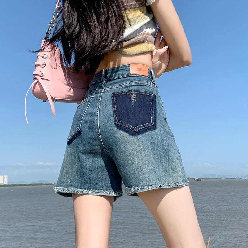 撞色高腰牛仔短裤女夏季薄款2025年新款宽松a字毛边阔腿热裤子潮