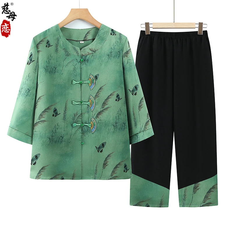 奶奶夏装衬衫女中老年人七分袖套装妈妈2025春夏新款老人太太衣服