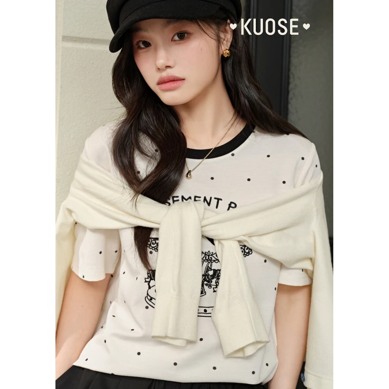 阔色旋转木马刺绣T恤2025春季新款波点显瘦短款上衣KSD2502011