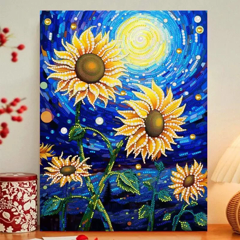 梵高向日葵珍珠画diy点钻石画带框醒狮财神城堡创意解压装饰挂画
