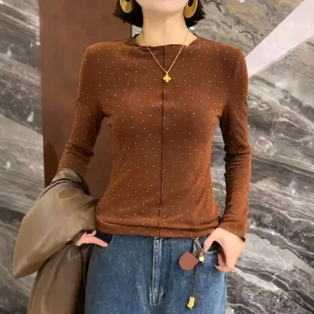 欧洲站亮丝满天星烫钻韩系漂亮小上衣早秋穿搭绝美巨好看长袖T恤