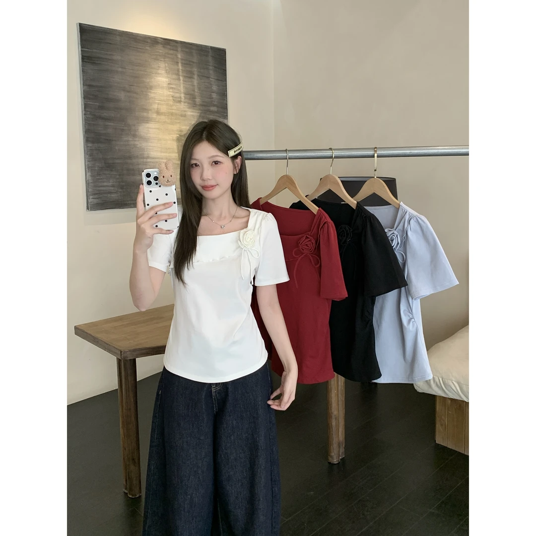 大码美美哒2025夏季新款法式方领花朵短袖T恤甜美风正肩上衣64232