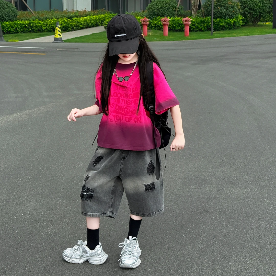 儿童夏季2025新款男女同款宽松韩版休闲T恤牛仔破洞短裤套装潮酷