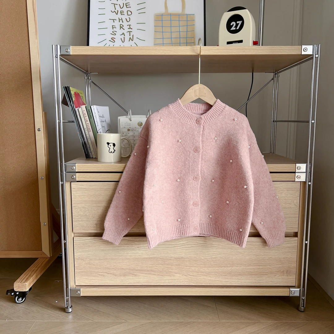 冬季新款女童装时尚洋气中大童韩版儿童珍珠开衫毛衣HGYDW48023