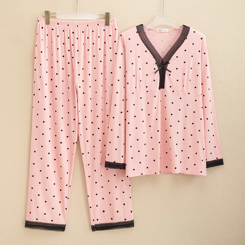 【针织棉】大码宽松长袖长裤春秋季睡衣家居服套装6703款带胸垫