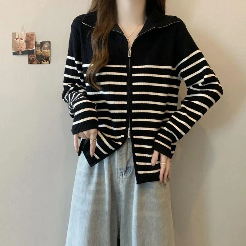 领条纹软糯针织外套女秋冬新款大码安哥拉红慵懒宽松开衫毛衣