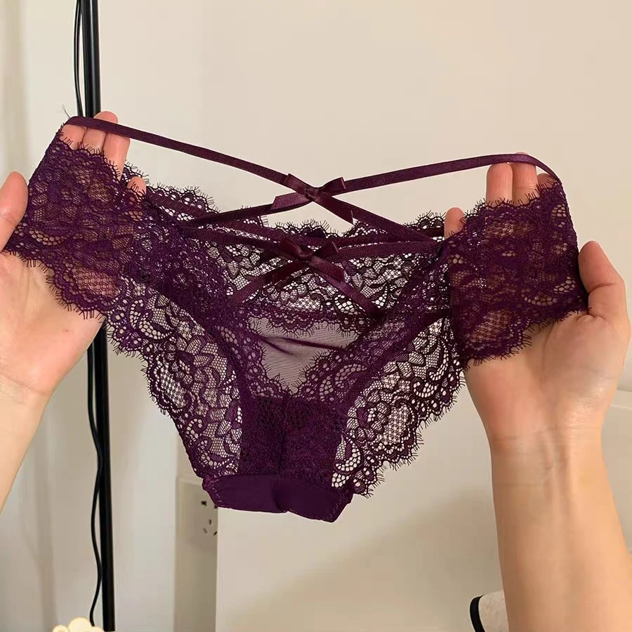 魅惑交织~女士性感纯欲紫色低腰蝴蝶结法式镂空蕾丝薄款网纱内裤