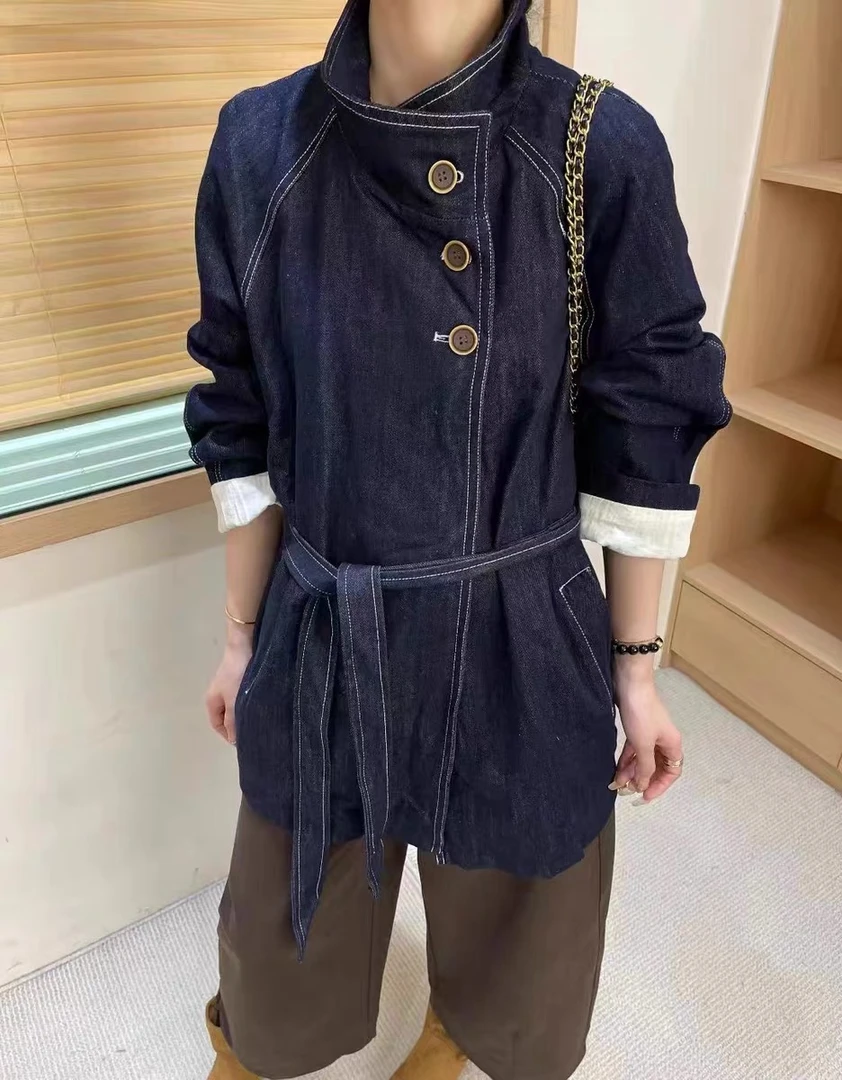 JF19651立领中长款直筒型宽松型风衣长袖气质复古百搭女士外套