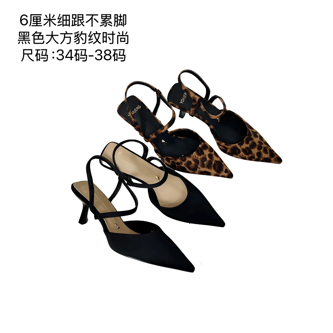 专柜正品春夏新款时尚百搭细跟高跟黑色包头后空凉鞋女鞋26P2076