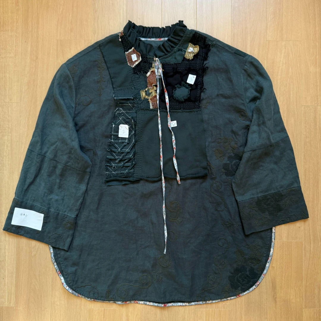 DE Mincollection拼接木耳领衬衫/套头拼接木耳领系带衬衫