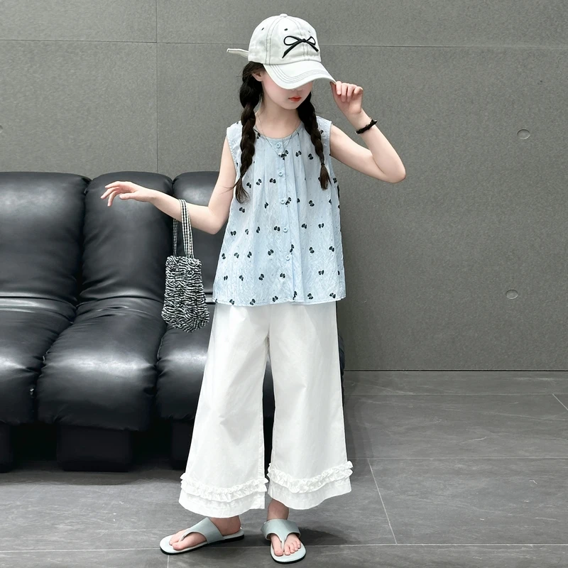 女童夏季韩版休闲无袖娃娃衫套装中大童女孩洋气时髦儿童夏装薄款