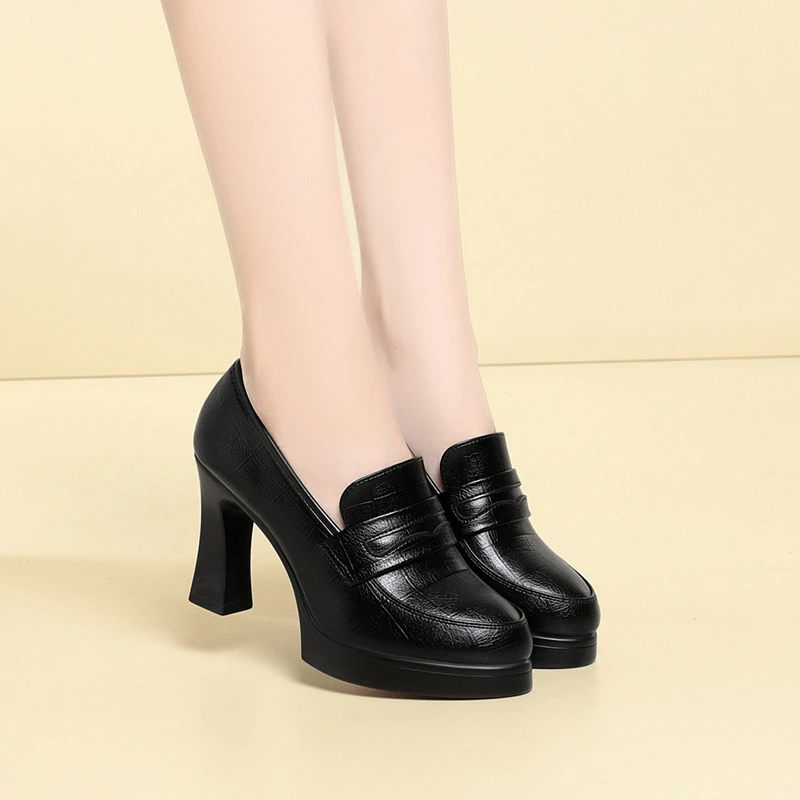 春秋新款女鞋防水台中年女士深口单鞋走秀高跟鞋女黑色工作皮鞋女