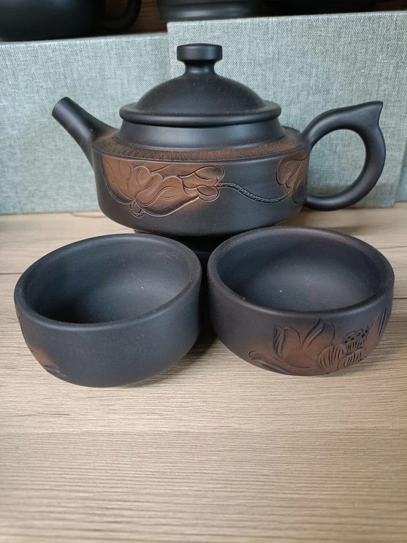 建水紫陶~浮雕荷花三件套