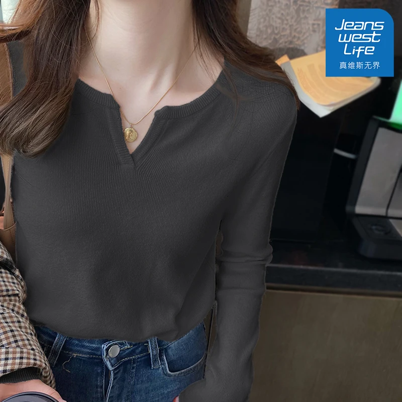 真维斯无界夏季新款2025小V领紧身长袖T恤春秋性感修身显瘦气质款