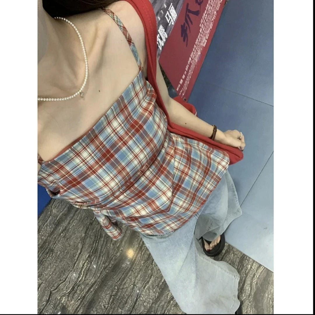 【小甜妹现货】夏季新款复古红色格纹吊带纯欲温柔韩系上衣女甜辣