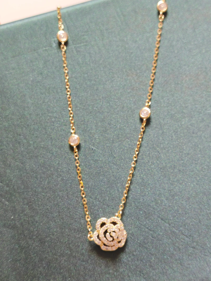 坠链均925银合成锆石 纯银山茶花项链时尚百搭金色锁骨链轻奢吊坠