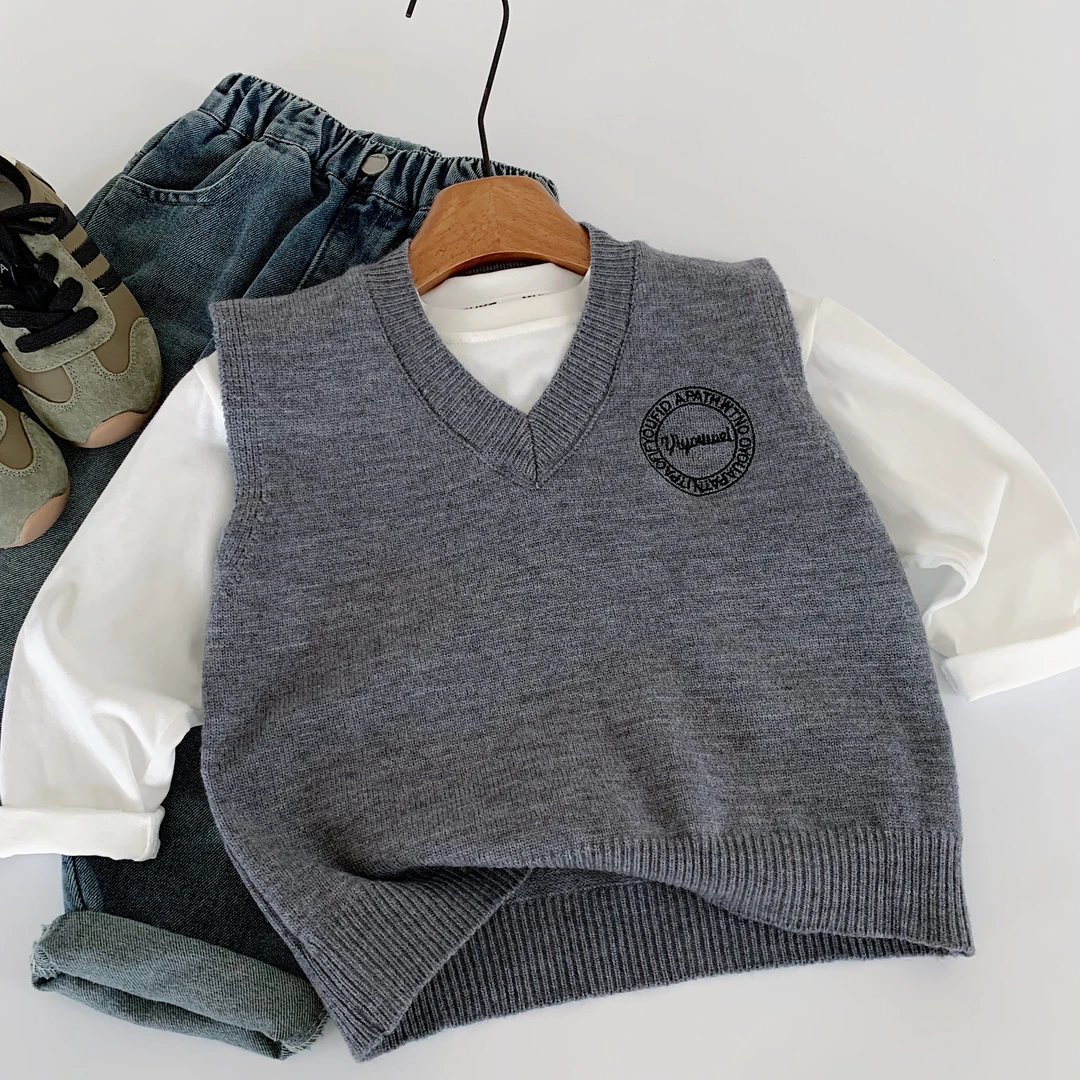 7/27【学府知行】针织马甲儿童纯色V领无袖背心秋季宝宝马夹