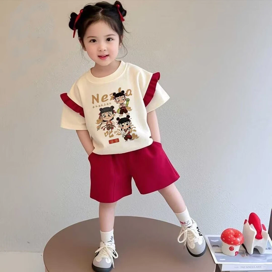 网红卡通风哪吒套头男女宝常规运动童装通用套装洋气女夏季套装