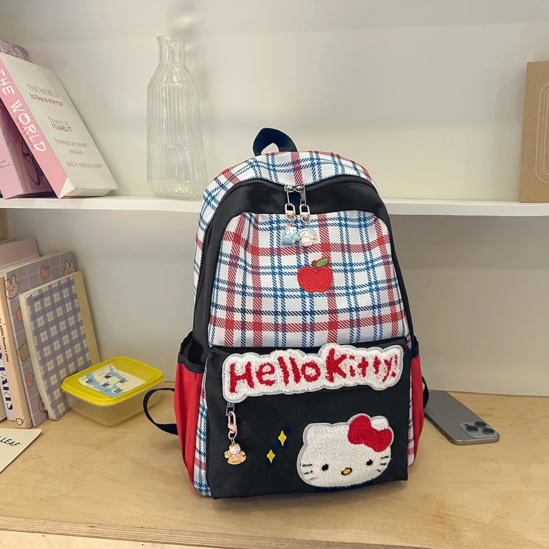 美式复古红格子猫猫骨头星星帆布千禧y2k大容量双肩包学生书包