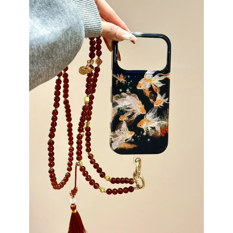 新中式国风黑底锦鲤斜挎链条适用苹果17promax手机壳16iphone15