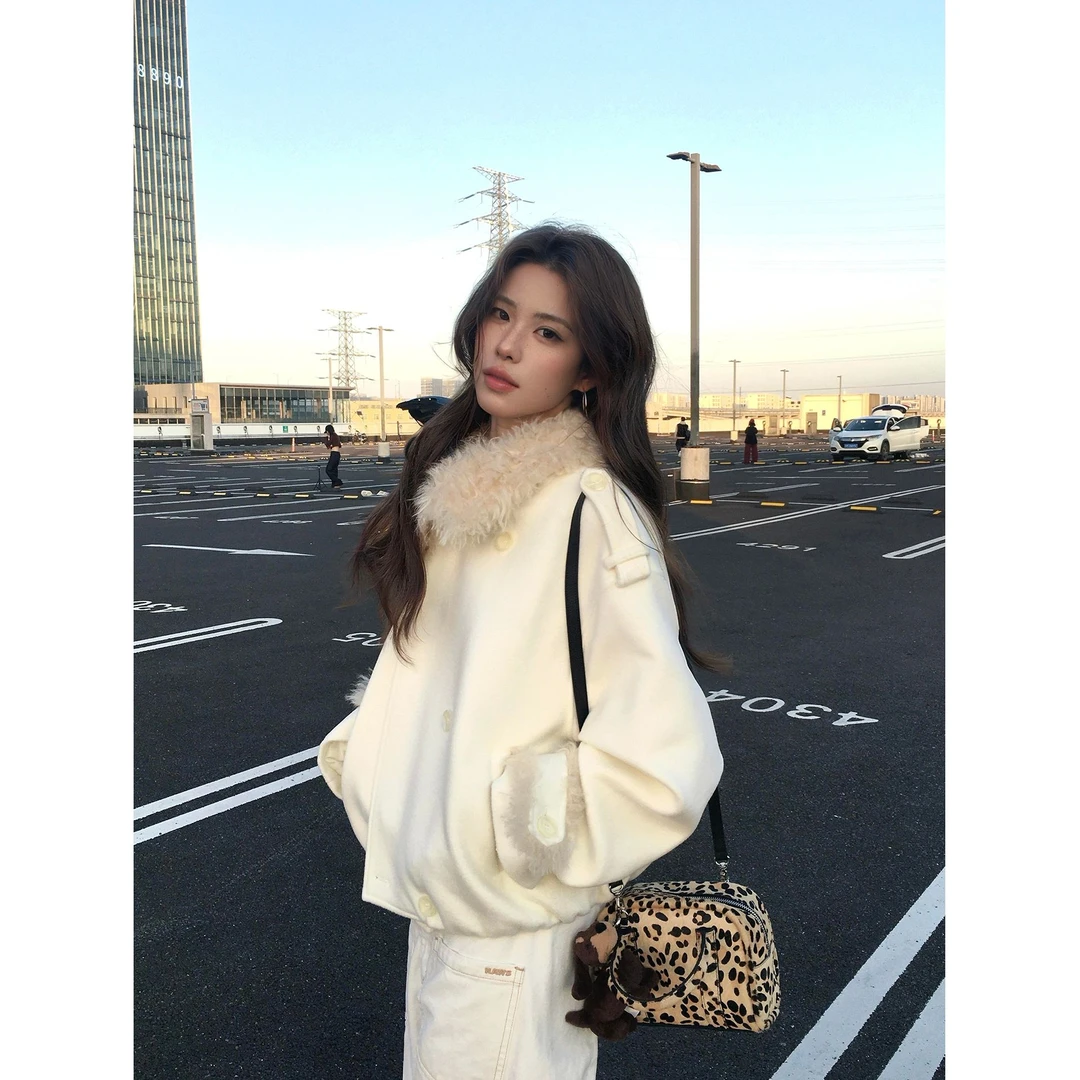 【极地系列】秋冬新款毛领翻领短款大衣女毛毛拼接百搭毛呢外套