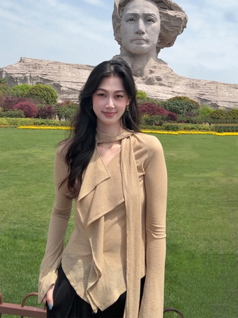 法式荷叶边V领飘带长袖针织衫女早秋季穿搭修身显瘦内搭打底上衣