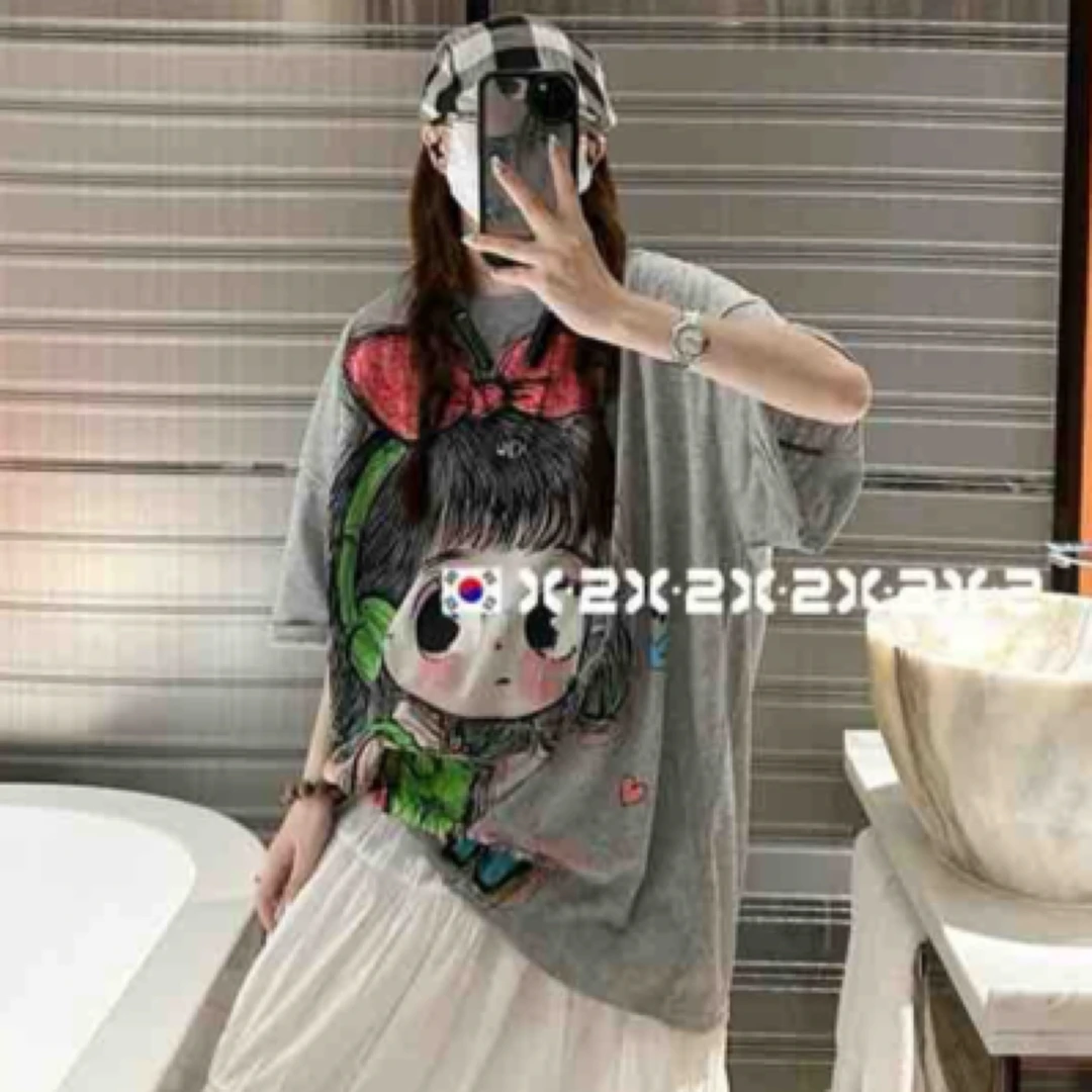 烫钻蝴蝶结大美女超薄薄款宽松体恤