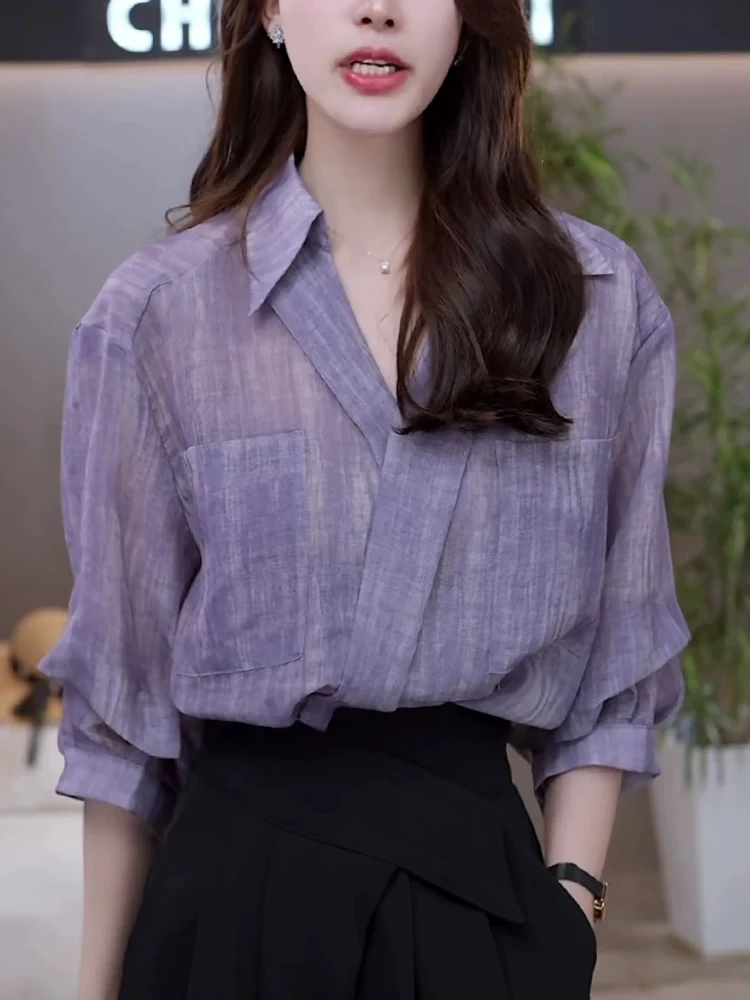 V领衬衫女士2025春夏新款复古洋气减龄宽松显瘦别致小衫上衣