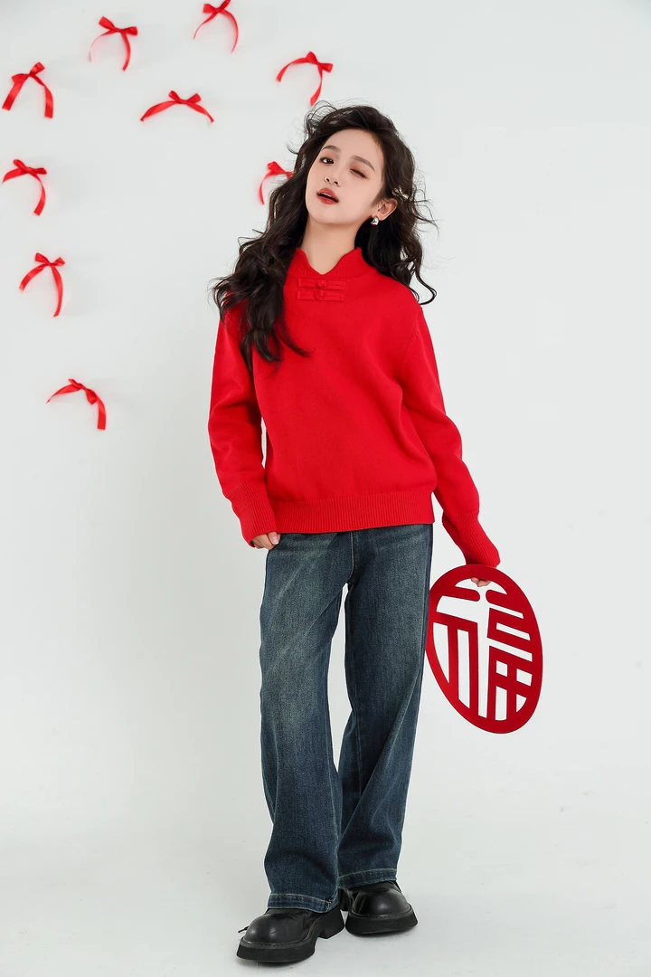 年服女大童秋冬中领基础款国风针织衫套头百搭毛衣-HTZ83528